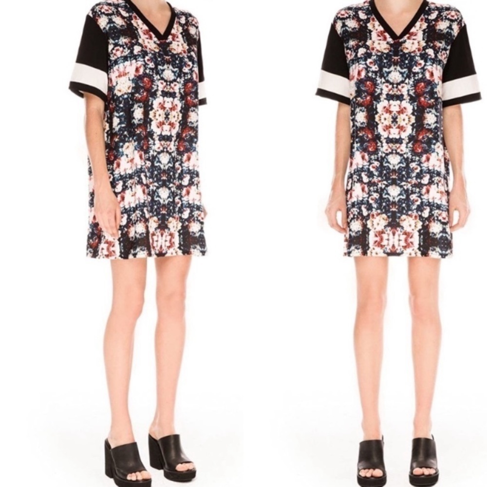 The Fifth Label Floral Shift Mini Dress V-Neck Rugby Stripe Sleeve Size S